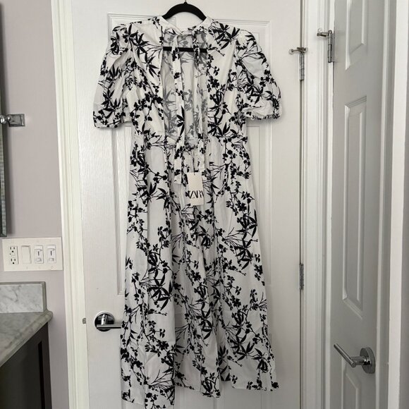 Zara Women's Floral Dress Black and White Cotton Size XL NWT - Picture 2 of 11